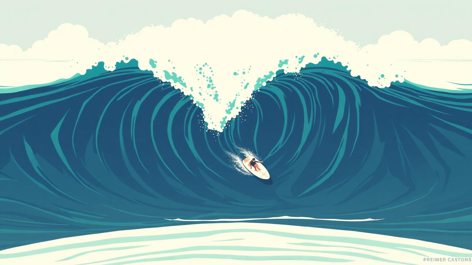 Illustration of a Premier Surf Systems pneumatic private-club wave pool with a traveling head-high wave and a small group of surfers.