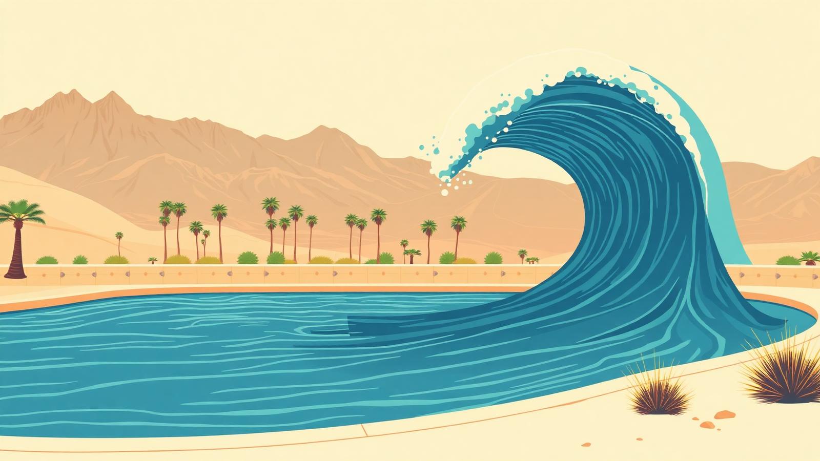 Illustration of a Surf Loch pneumatic wave pool in a desert setting with an overhead barreling wave and palm-fringed shore.