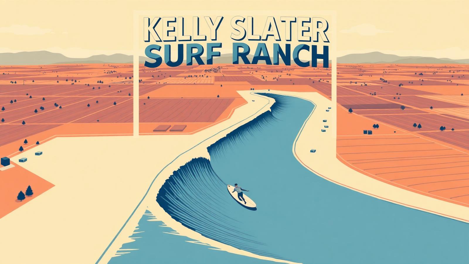 Illustration of Kelly Slater Surf Ranch in Lemoore with a single surfer in a barreling wave and agricultural fields.