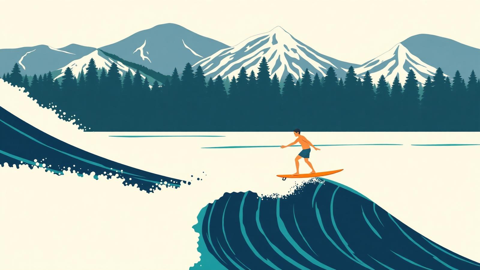 Illustration of a Ka'ana Wave Co. CM7 deep-water standing wave with a surfer on a shortboard and evergreen British Columbia mountains behind.