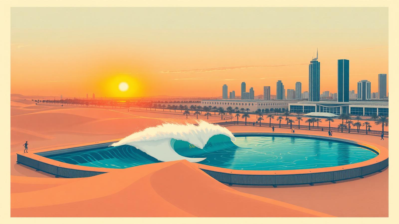 Illustration of Surf Abu Dhabi Kelly Slater wave pool at sunset with the Abu Dhabi skyline behind.