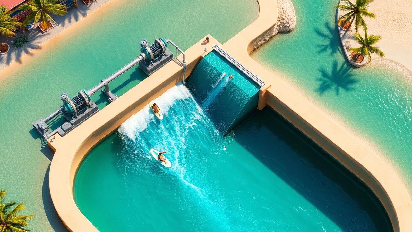 Illustration of a citywave standing wave machine pumping turquoise water over a submerged ramp with surfers riding the continuous face.
