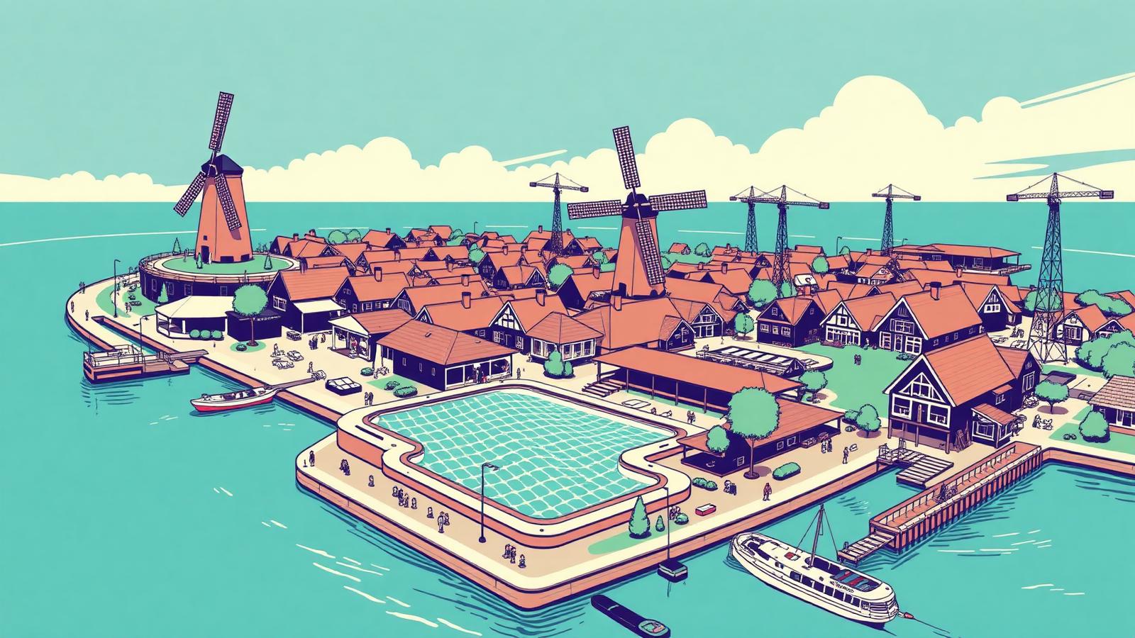 Illustration of a Dutch coastal town with a new Wavegarden Cove wave pool and windmills.
