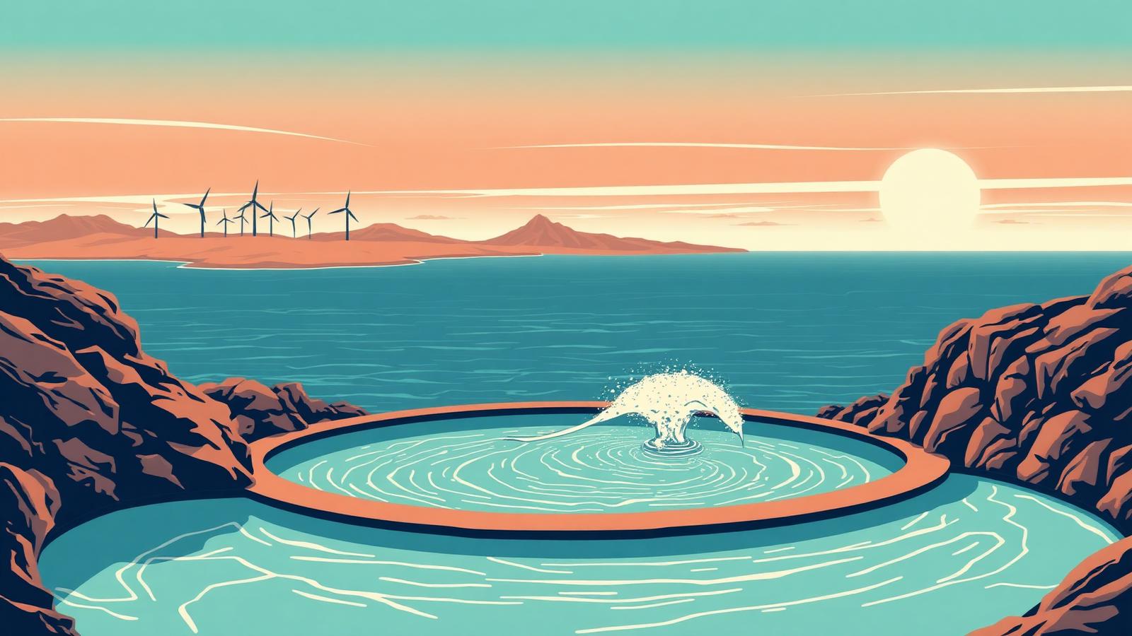 Illustration of Wavegarden Cove pool on Fuerteventura with volcanic landscape and wind turbines.