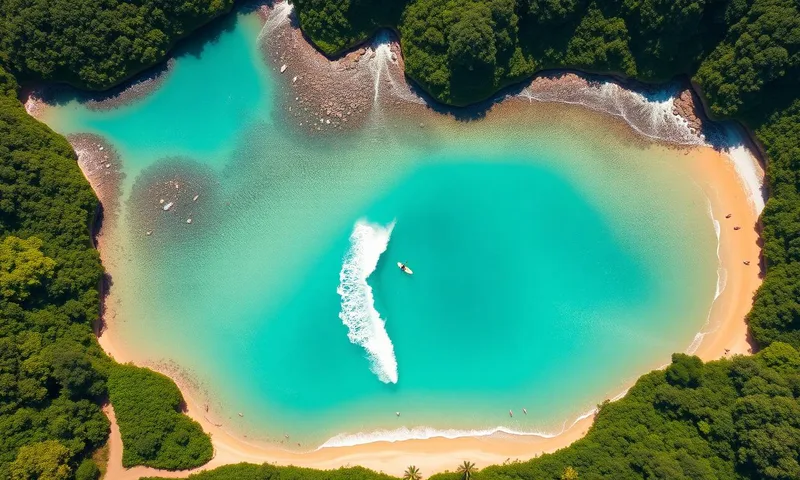 Aerial illustration of Surfland Brasil in Garopaba with a Wavegarden Cove lagoon and jungle-covered hills.