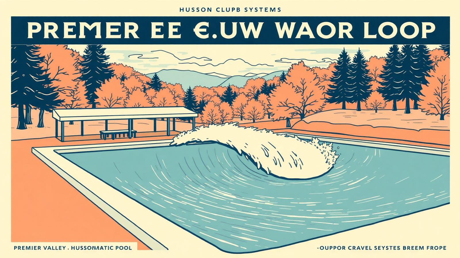 Illustration of a private-club wave pool in the Hudson Valley with autumn trees in the background.