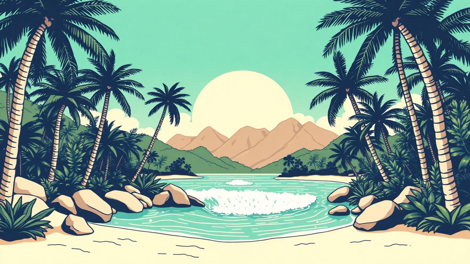 Illustration of Praia da Grama private Wavegarden Cove inside a Brazilian jungle golf resort with tropical palms.