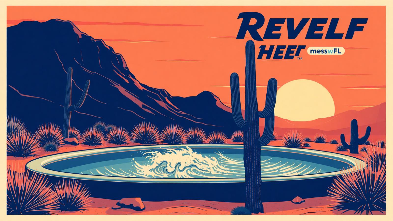 Illustration of Revel Surf Mesa Swell MFG wave pool in Arizona desert with saguaro cactus at sunset.