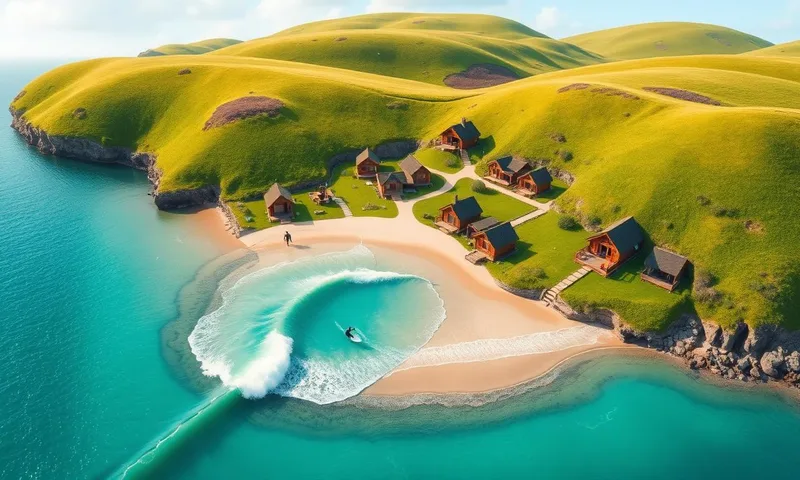 Aerial illustration of Lost Shore Surf Resort near Edinburgh with a Wavegarden Cove lagoon, quarry cliffs and luxury lodges.