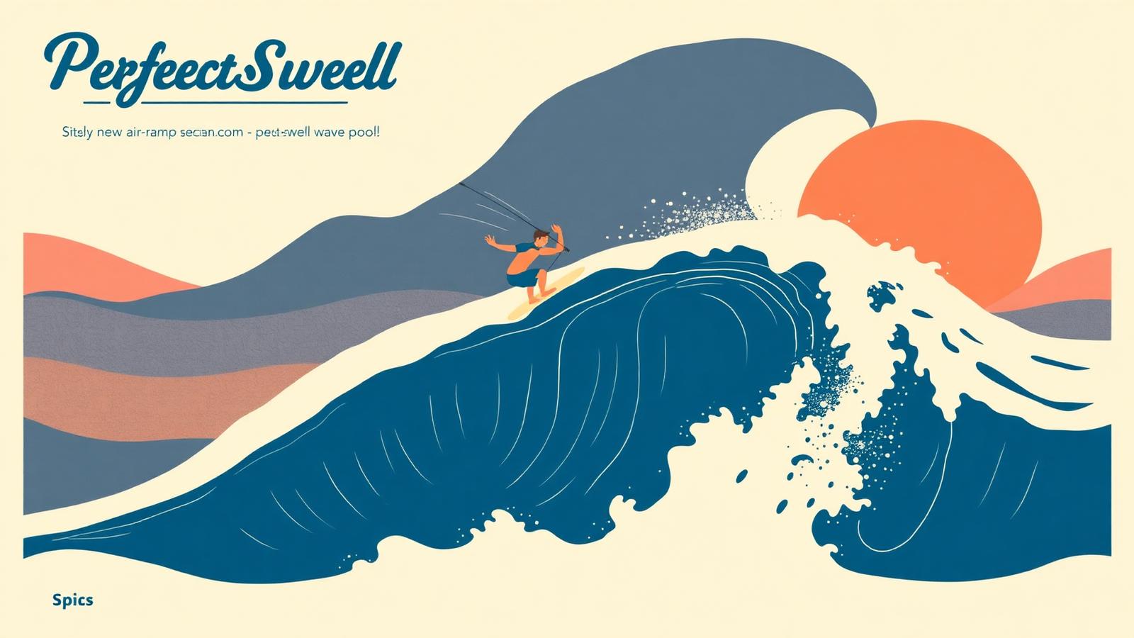 Illustration of a PerfectSwell pneumatic wave pool with an air ramp section and a surfer boosting an air.