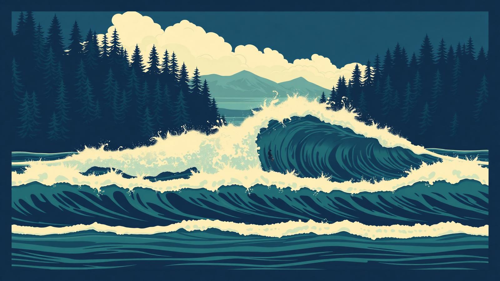 Illustration of a Kaana CM7 deep-water standing wave in coastal British Columbia with evergreen forest.