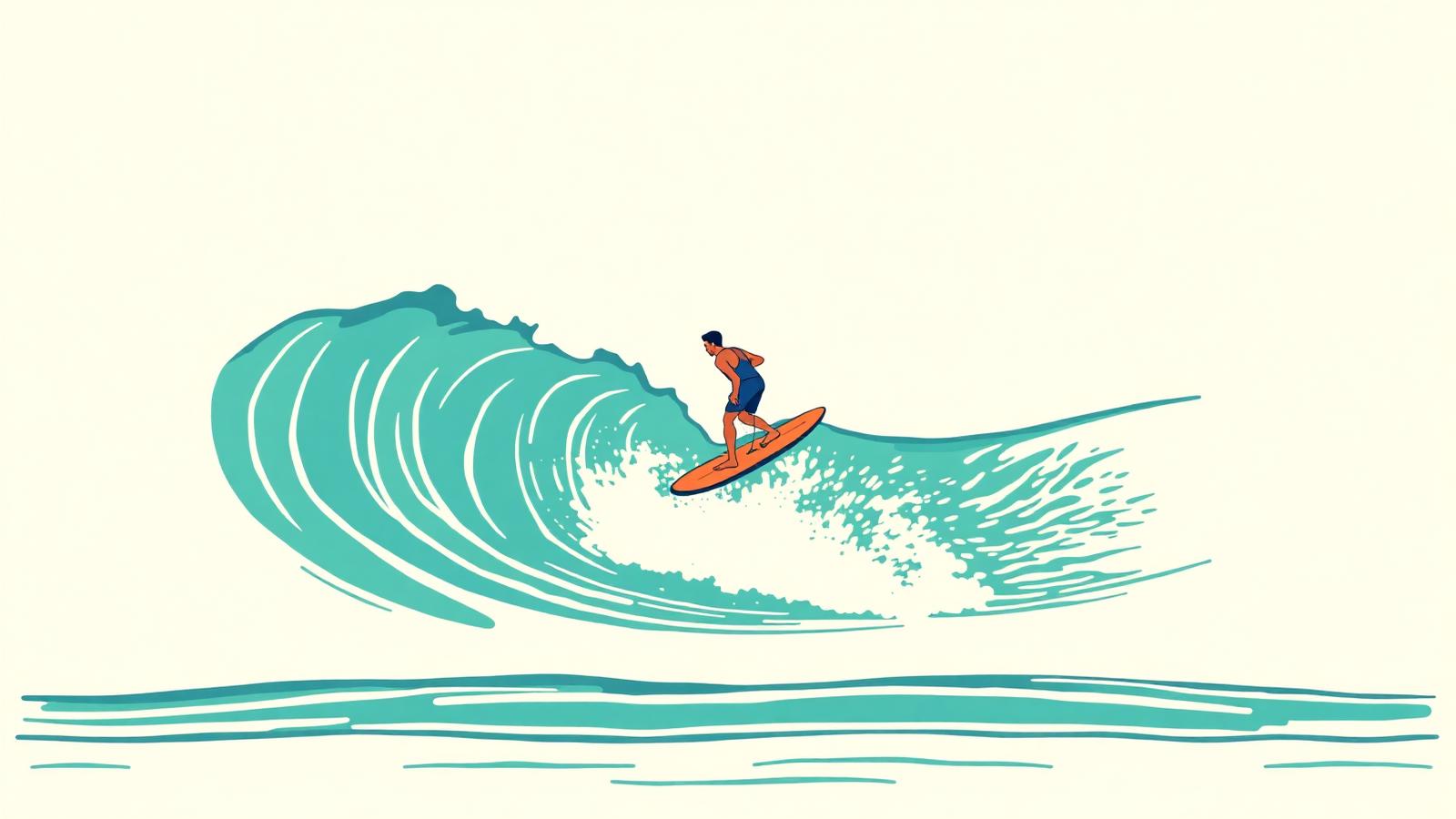 Illustration of an EpicSurf deep-water standing wave by Aquatic Development Group with a surfer carving a stationary teal wave.