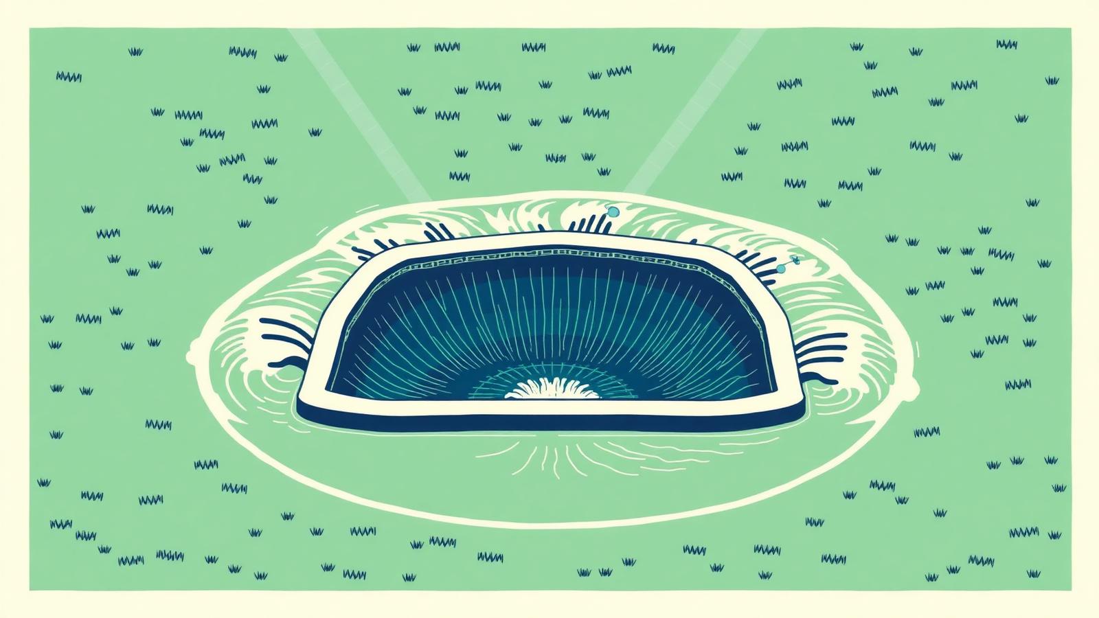 Illustration of a Surf Lakes central plunger wave pool with five simultaneous wave zones peeling around the plunger.
