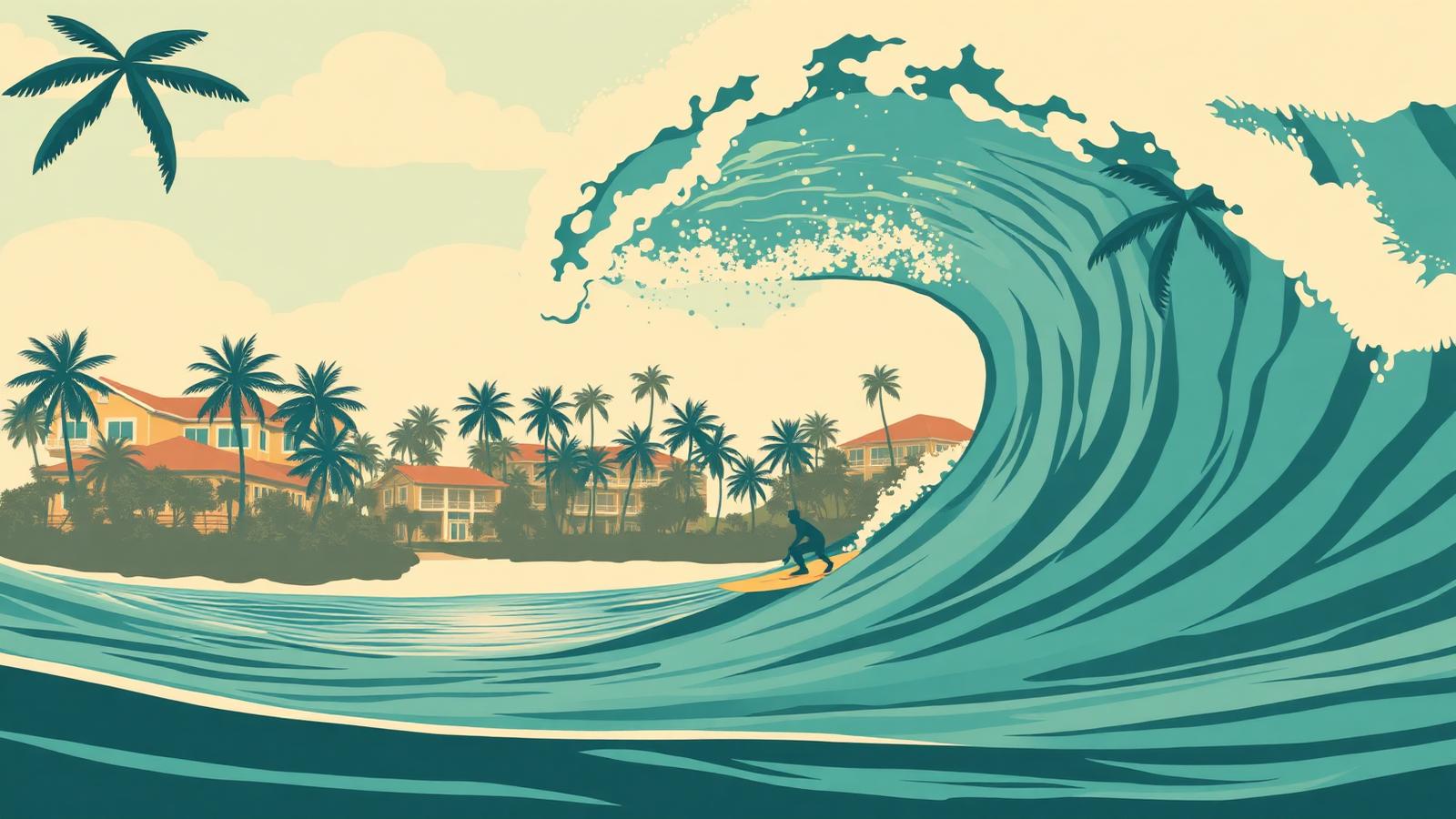 Illustration of an EpicSurf deep-water standing wave inside a tropical resort compound.