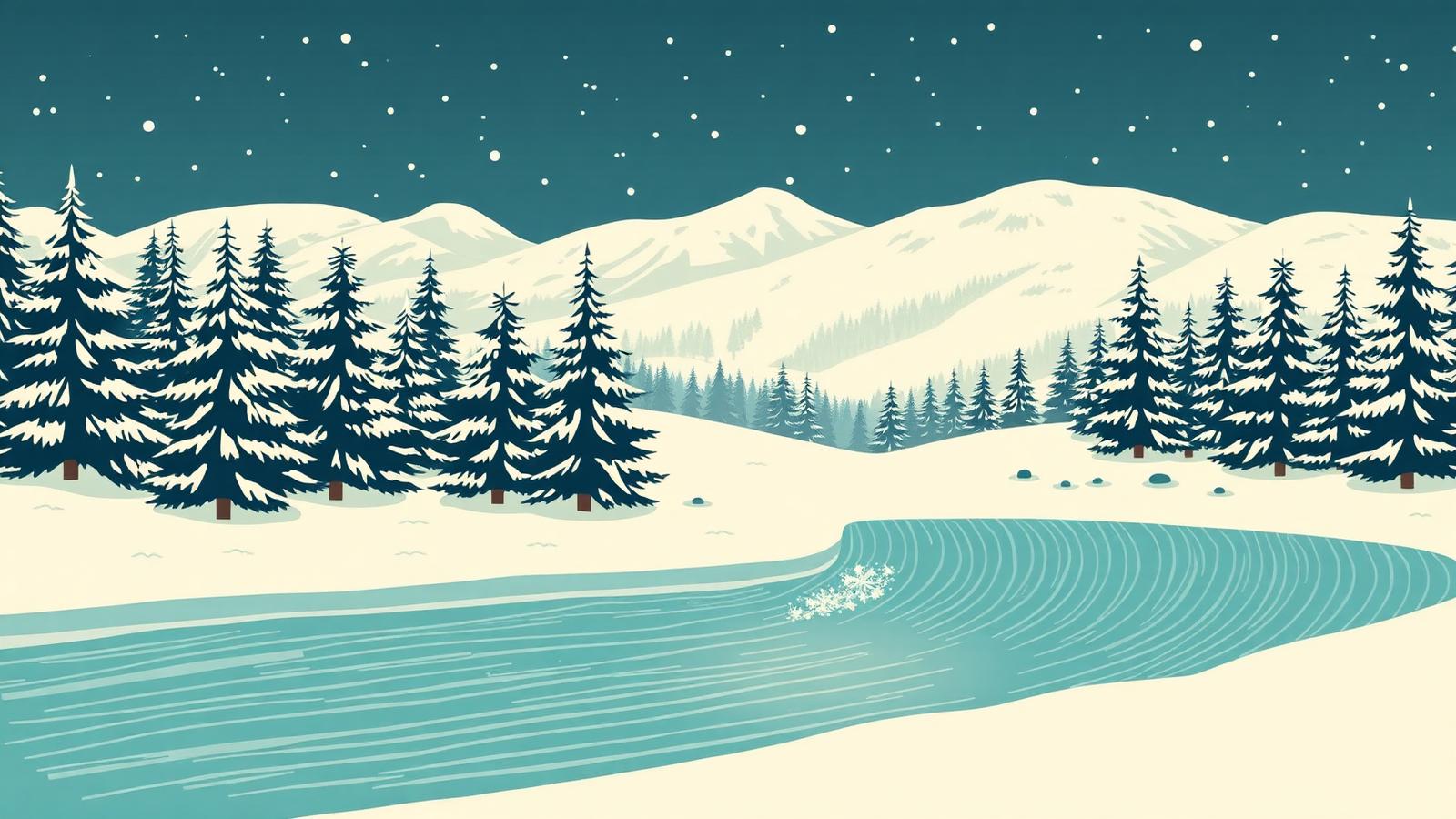Snowy Munich wave pool illustration, Endless Surf in winter with snow-dusted trees around the heated pool.