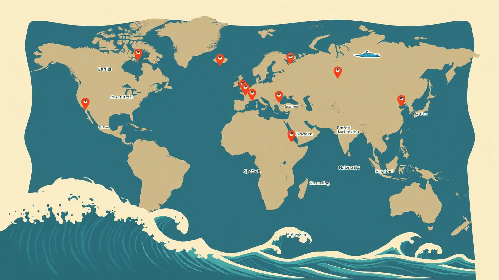 Illustrated world map with pins on major wave pool locations, stylized globe surrounded by waves.