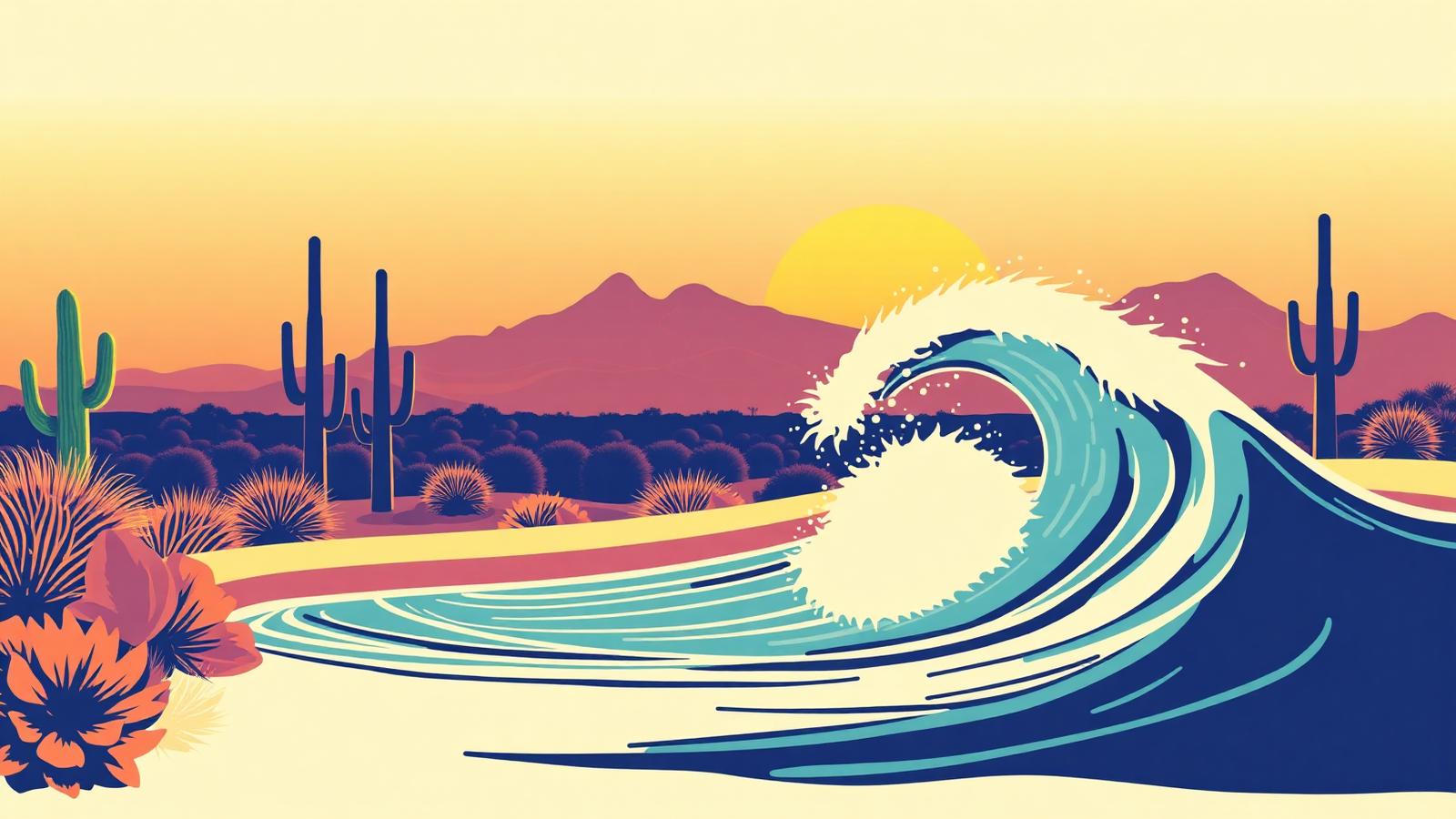 Illustration of a Swell MFG pneumatic wave pool in the Arizona desert with an A-frame wave and saguaro cactus silhouettes on the horizon.