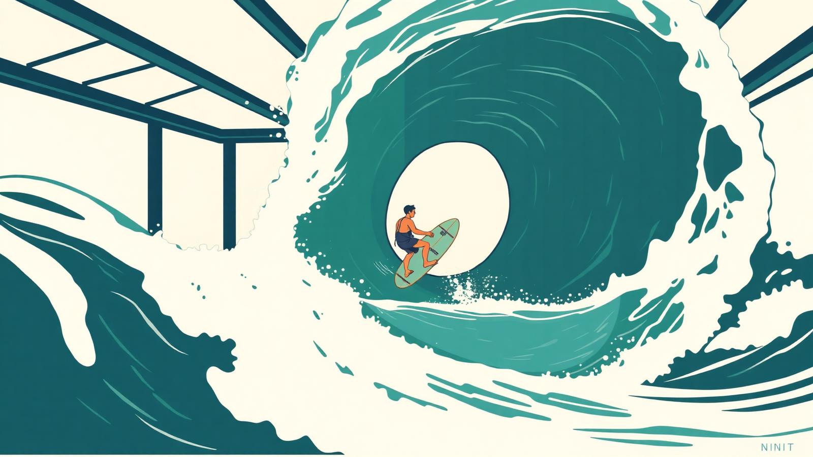 Illustration of a UNIT deep-water standing wave with a surfer riding a stationary green wave on a real shortboard inside an indoor facility.