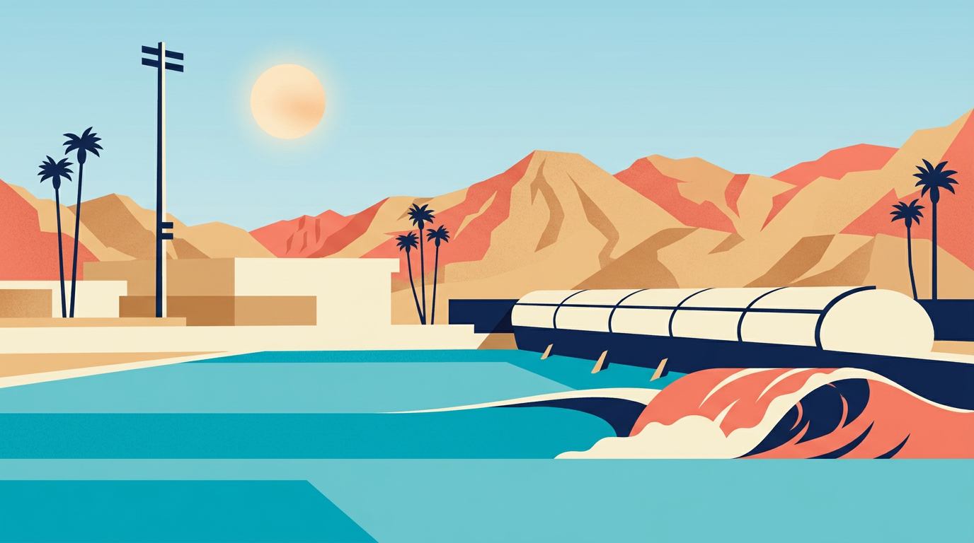 Illustration of DSRT Surf Wavegarden Cove wave pool in the Palm Desert at sunset, palms and desert mountains.