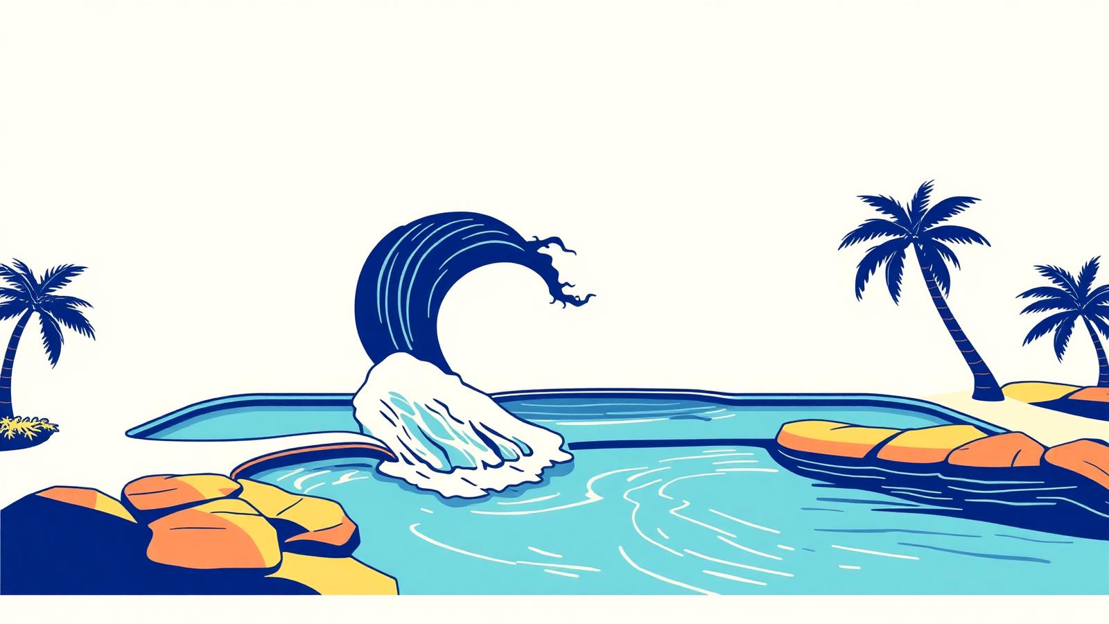 Illustration of an Endless Surf pneumatic wave pool by WhiteWater West with a head-high wave breaking down a sculpted reef bay.