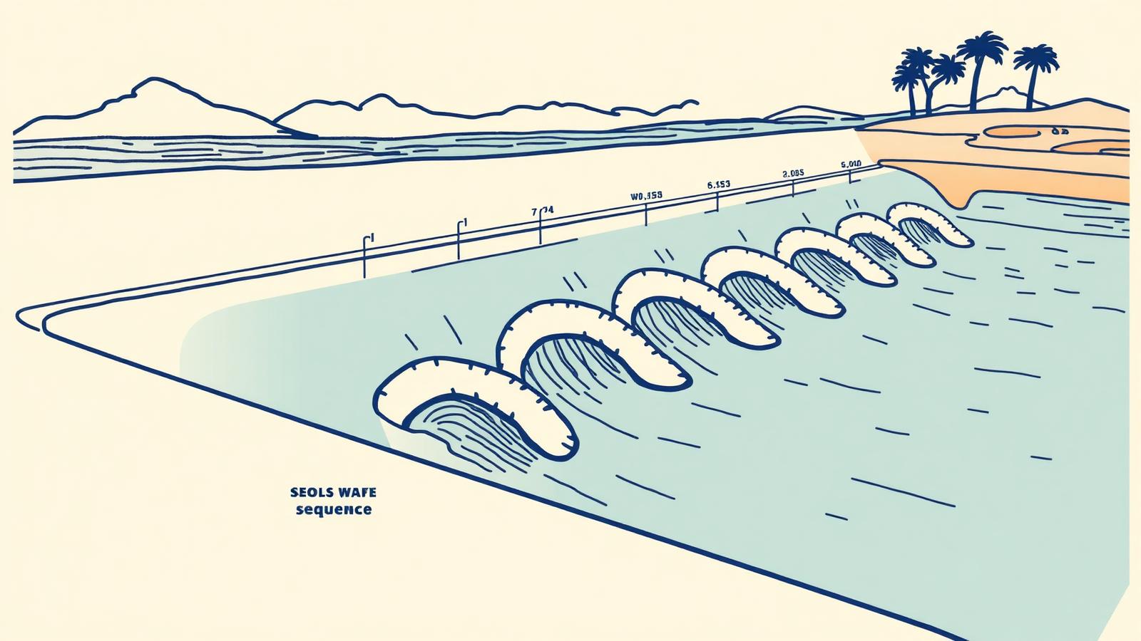 Diagram illustration of an Endless Surf pneumatic wave pool showing multiple wave settings peeling in sequence.