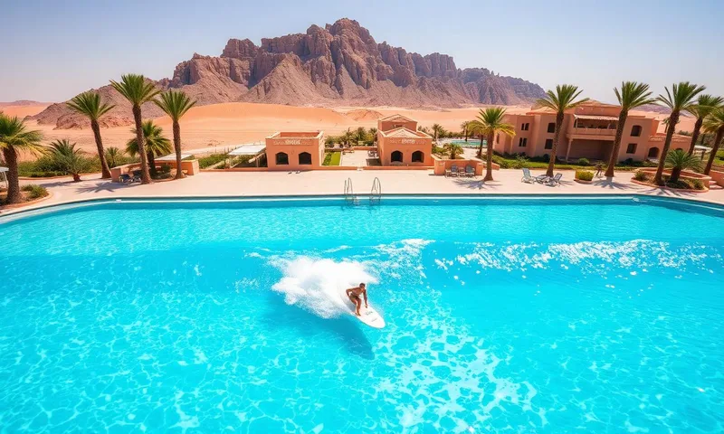 Aerial illustration of the Al Ain Adventure surf pool in the UAE desert with date palms and rocky mountains.