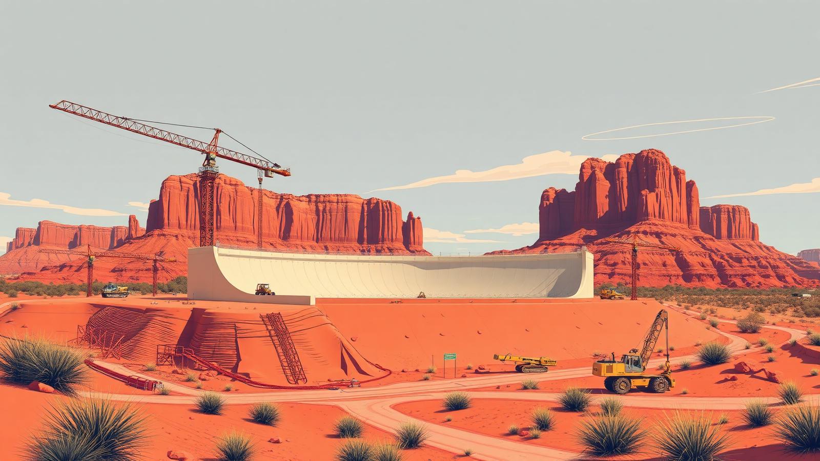 Illustration of Zion Shores construction site in the Utah red rock desert with cranes and excavators.