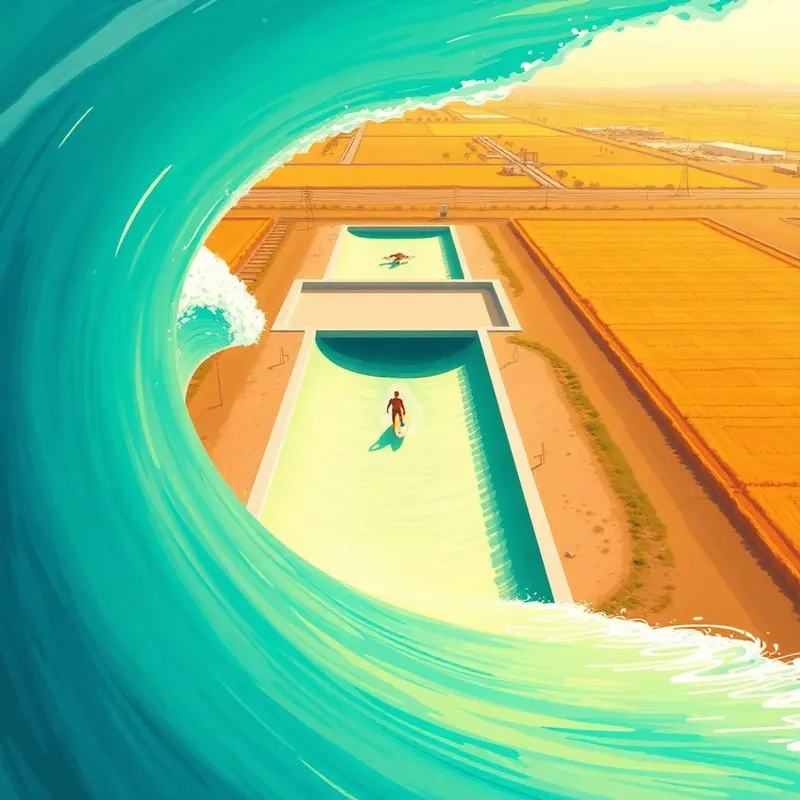 Aerial view of Kelly Slater's Surf Ranch, a 700-yard freshwater wave pool in Lemoore, California