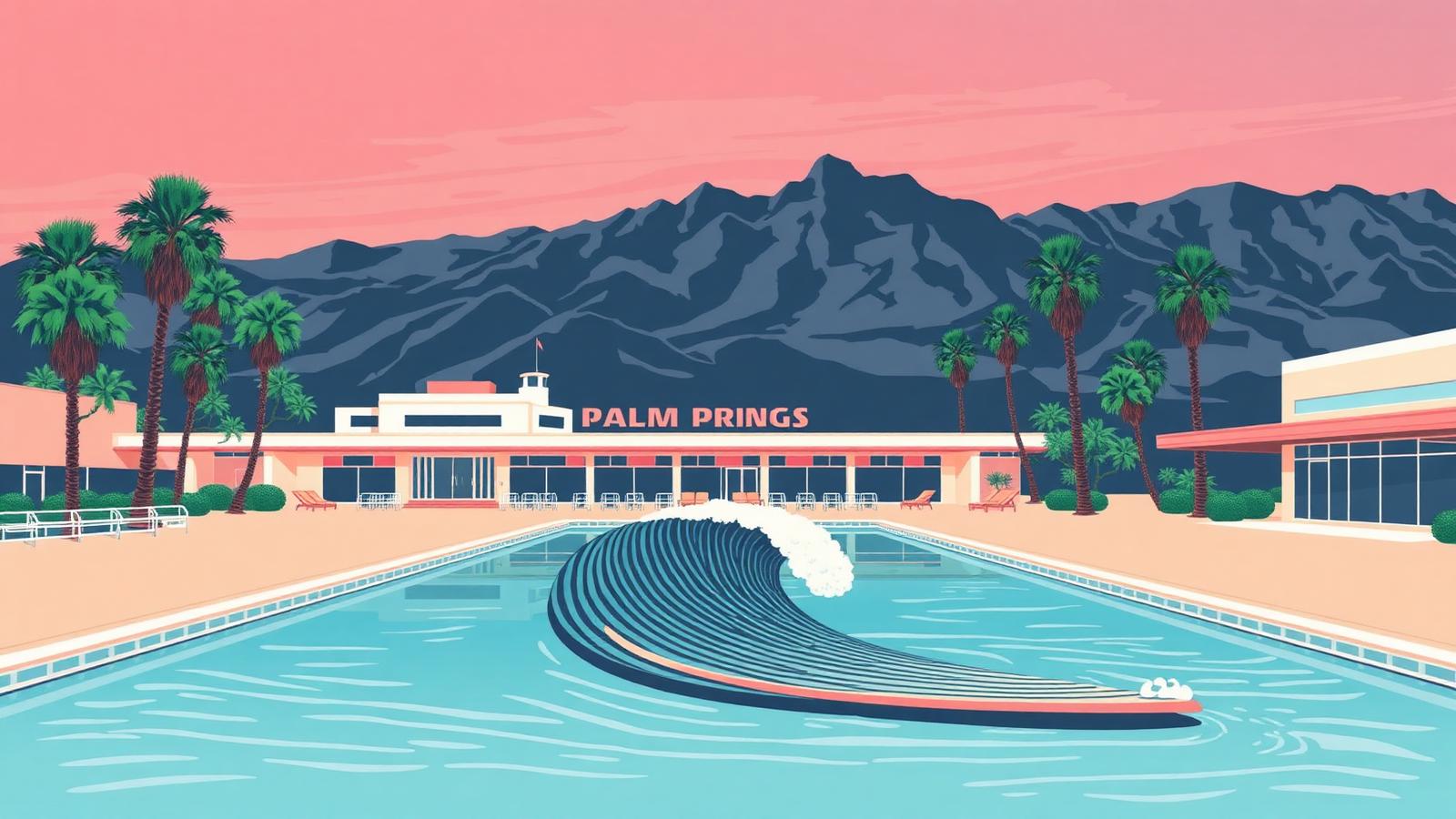 Illustration of Palm Springs Surf Club Surf Loch wave pool with San Jacinto mountains and mid-century architecture.