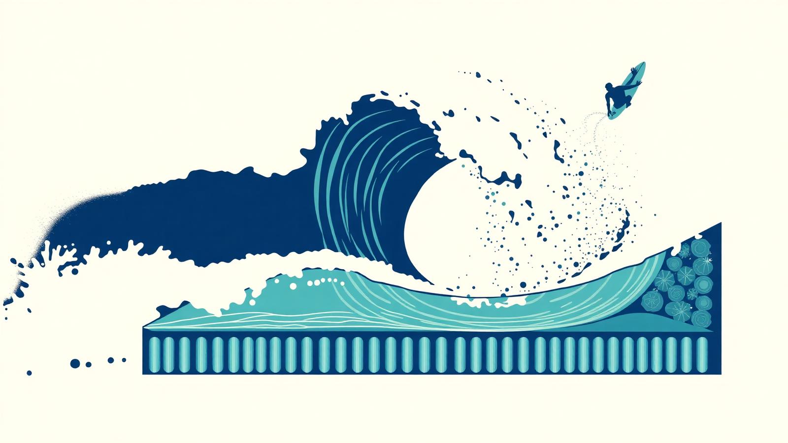 Illustration of a PerfectSwell pneumatic wave pool by American Wave Machines with an air-ramp section and a surfer going airborne.