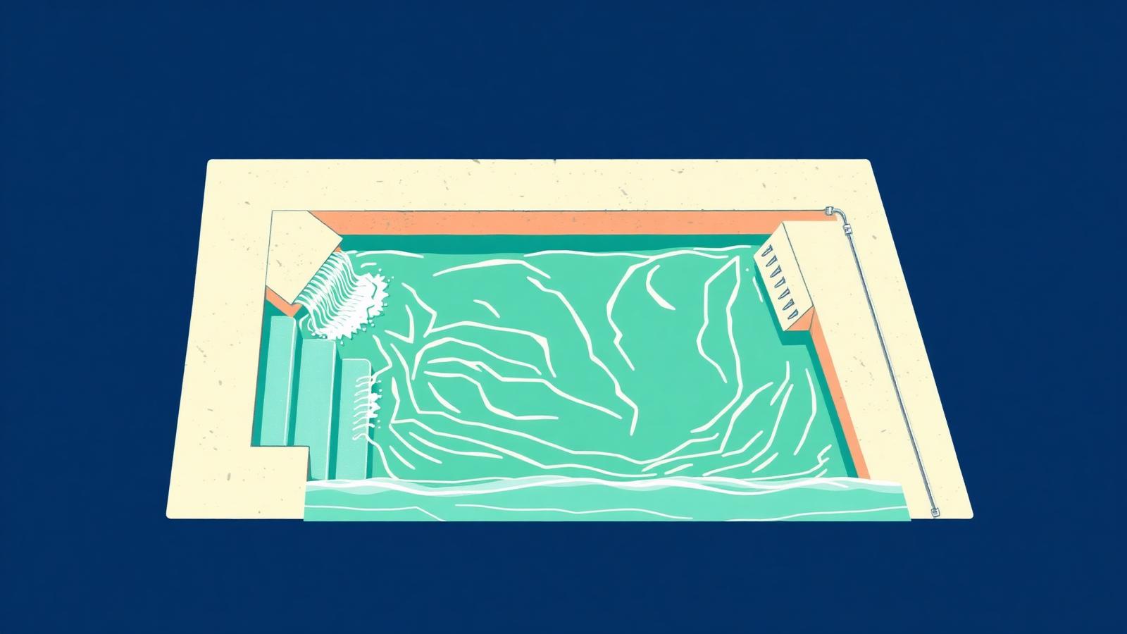 Aerial illustration of a Wavegarden Cove electro-mechanical wave pool with a peeling right-hand wave and submerged wall modules.