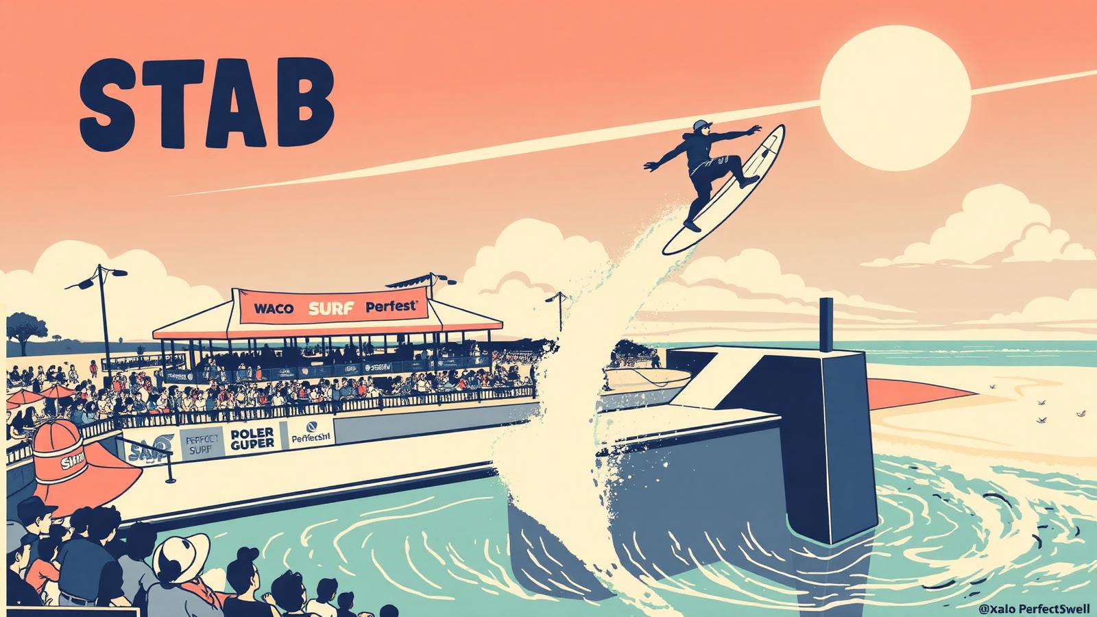 Illustration of Stab High air-surfing contest at Waco Surf with a surfer boosting a huge air.