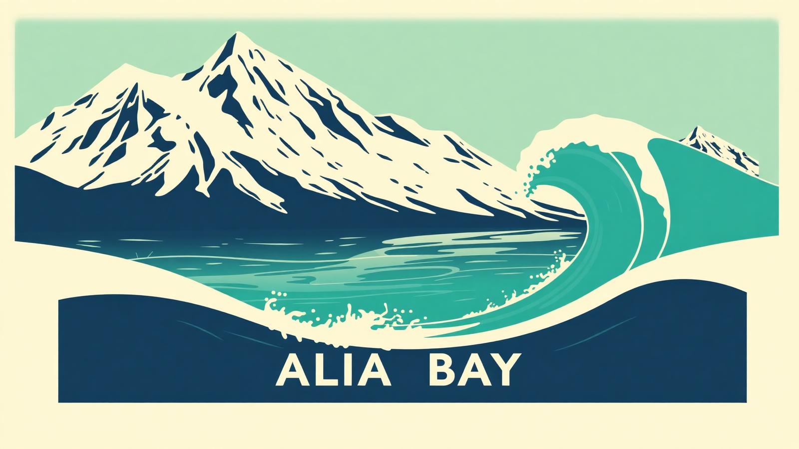 Illustration of Alaïa Bay Wavegarden Cove tucked into Swiss Alps with snow-capped peaks.