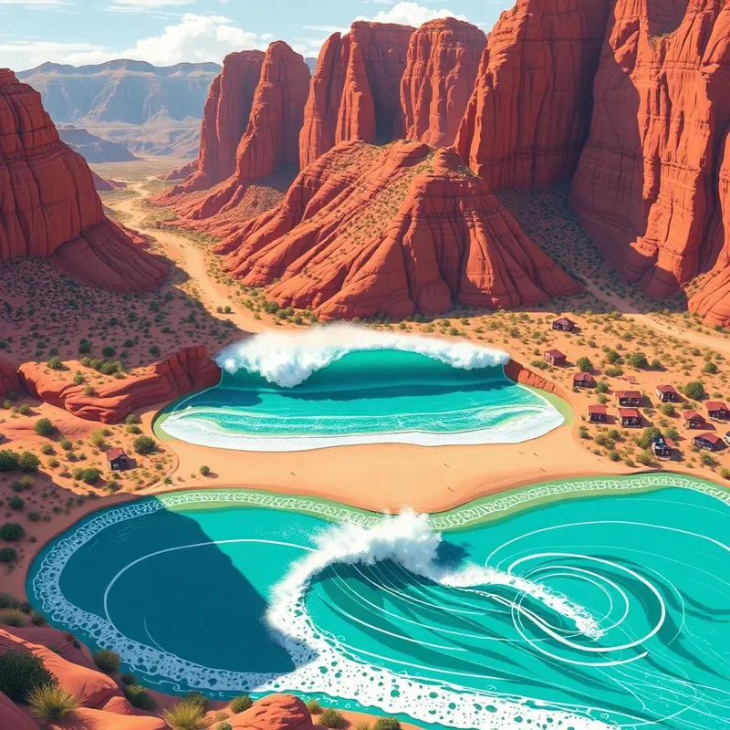 Aerial view of the Zion Shores wave pool and desert home rentals near Zion National Park, Utah.