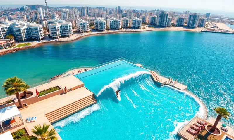 Aerial illustration of the Surf Park TLV Wavegarden Cove lagoon in Tel Aviv with the city skyline behind it.