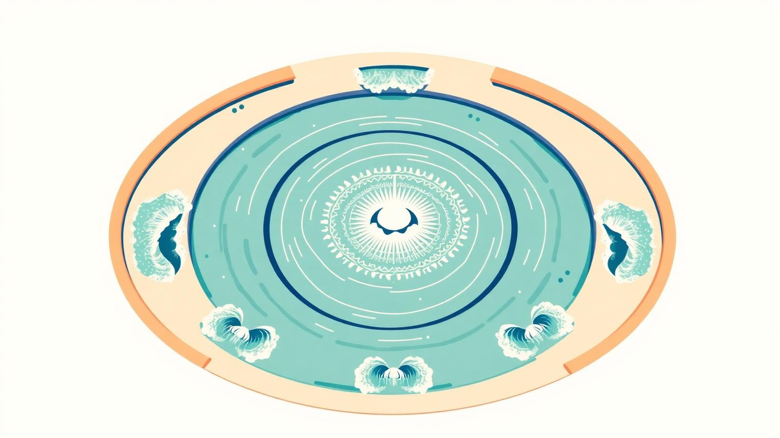 Aerial illustration of a Surf Lakes central-plunger wave pool sending five simultaneous concentric waves outward from a circular lagoon.