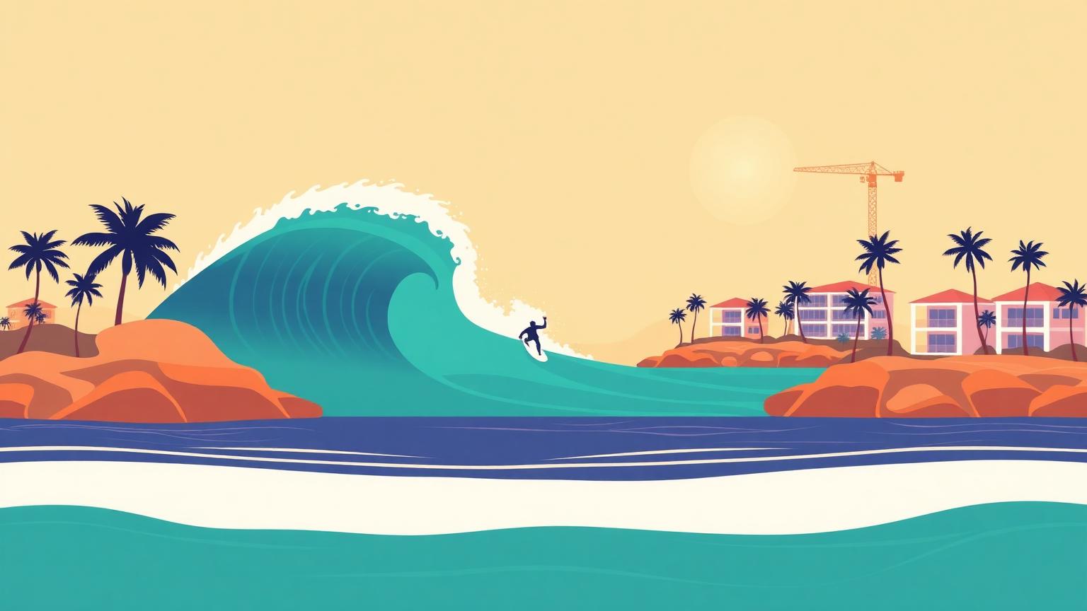 Illustration of the planned Aventuur surf lagoon in Jacksonville, Florida, with homes under construction beside the wave.