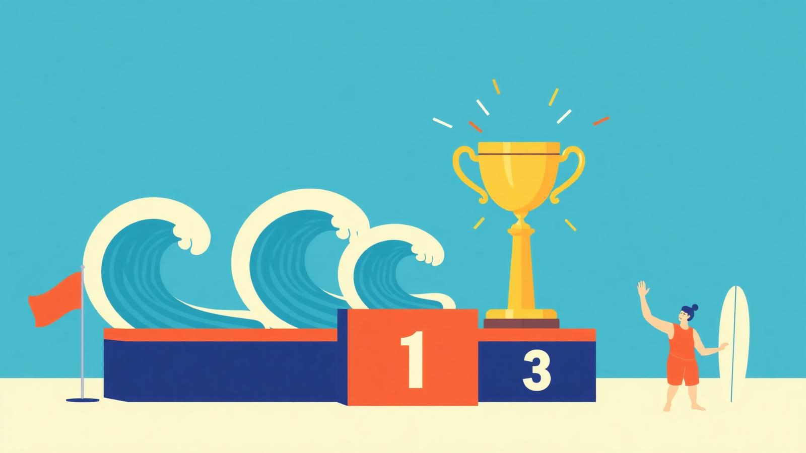 Podium of wave pool venues with a scoreboard in flat vector style