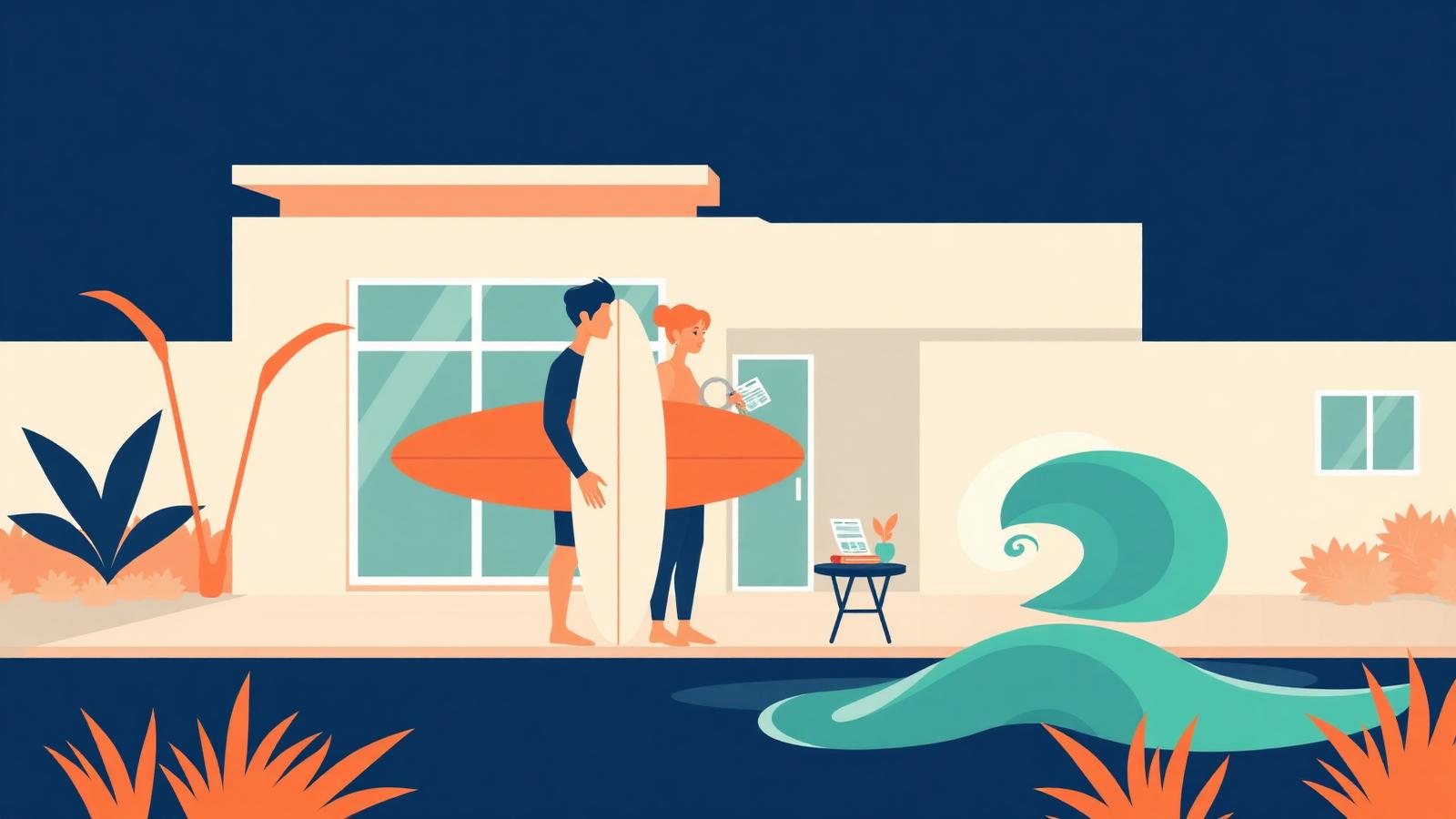 Flat vector illustration of buyers with a surfboard receiving keys to a home beside a wave pool