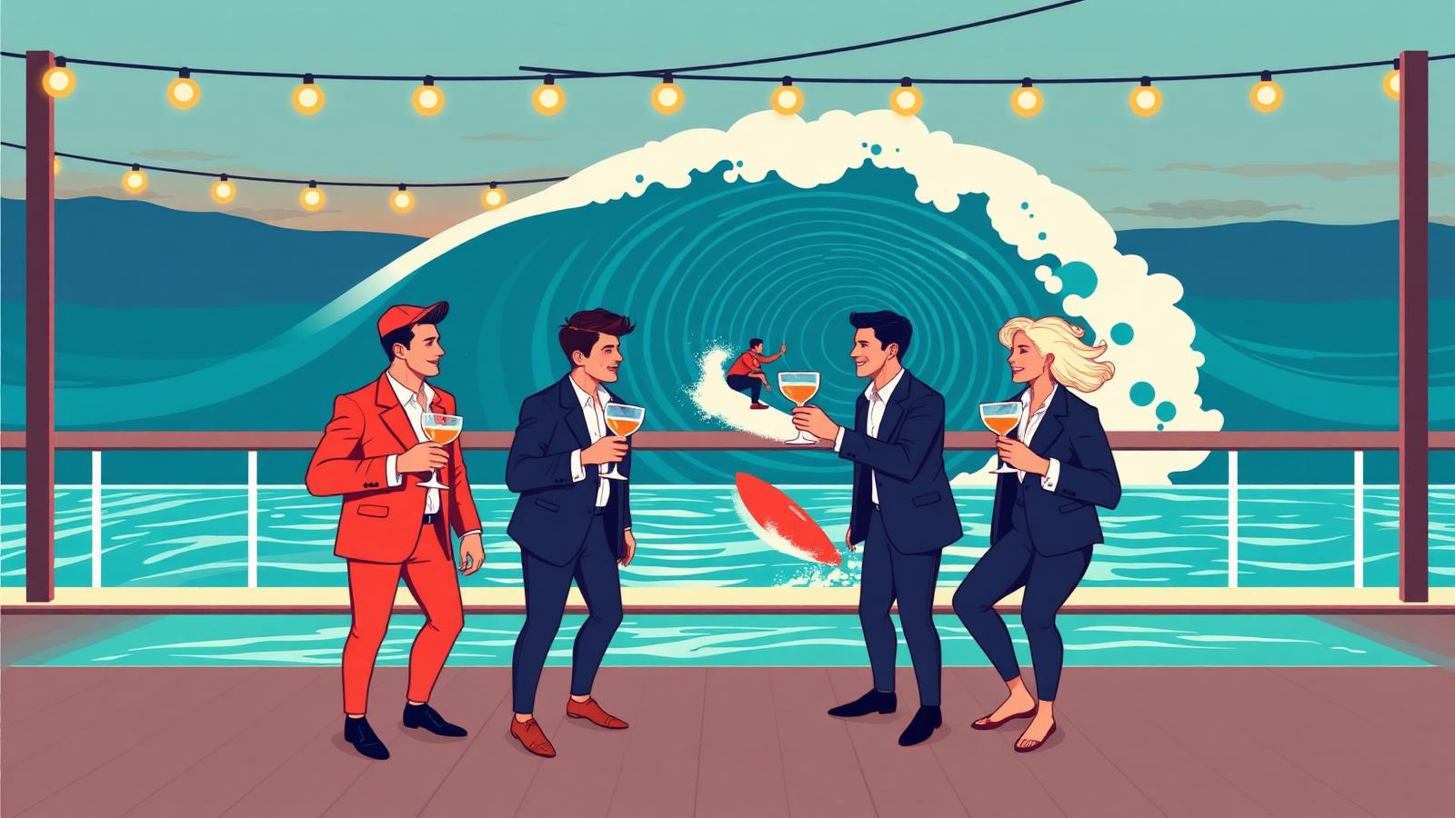 Client entertainment scene with a private surf session and sunset dinner in flat vector style