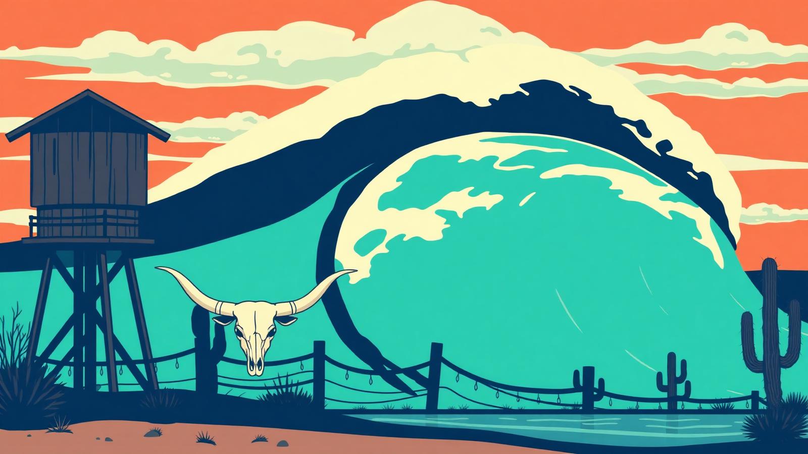 Texas ranch scene with longhorn cattle, hills and a wave pool in flat vector style