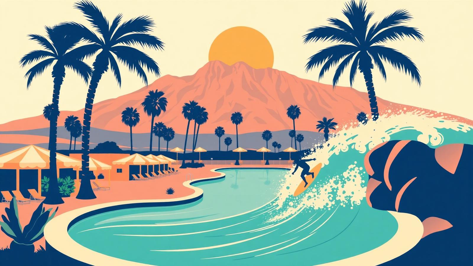 Palm Springs desert retreat scene with palm trees, mid-century architecture and a wave pool in flat vector style