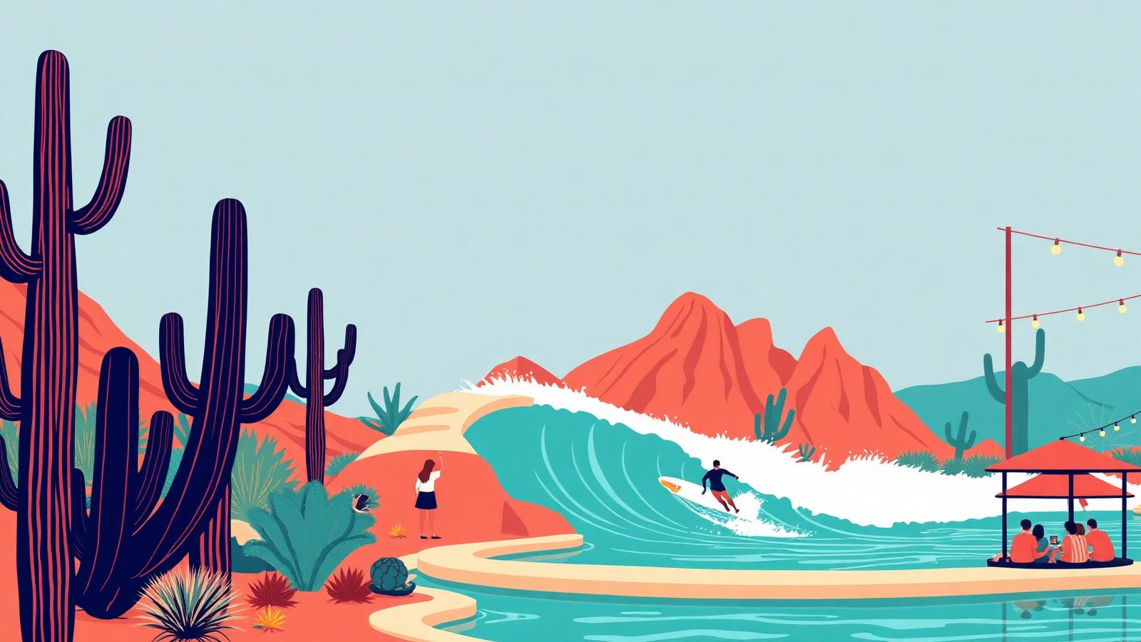 Phoenix Scottsdale desert resort scene with saguaro cacti and a wave pool in flat vector style