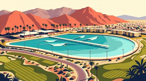 Illustration of DSRT Surf in Palm Desert, California: the teardrop-shaped Wavegarden Cove lagoon and pier beside the Desert Willow golf course, with the Santa Rosa Mountains behind