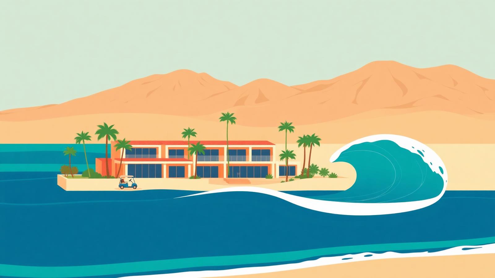 Flat vector illustration of Palm Desert villas around a turquoise surf lagoon with a peeling wave