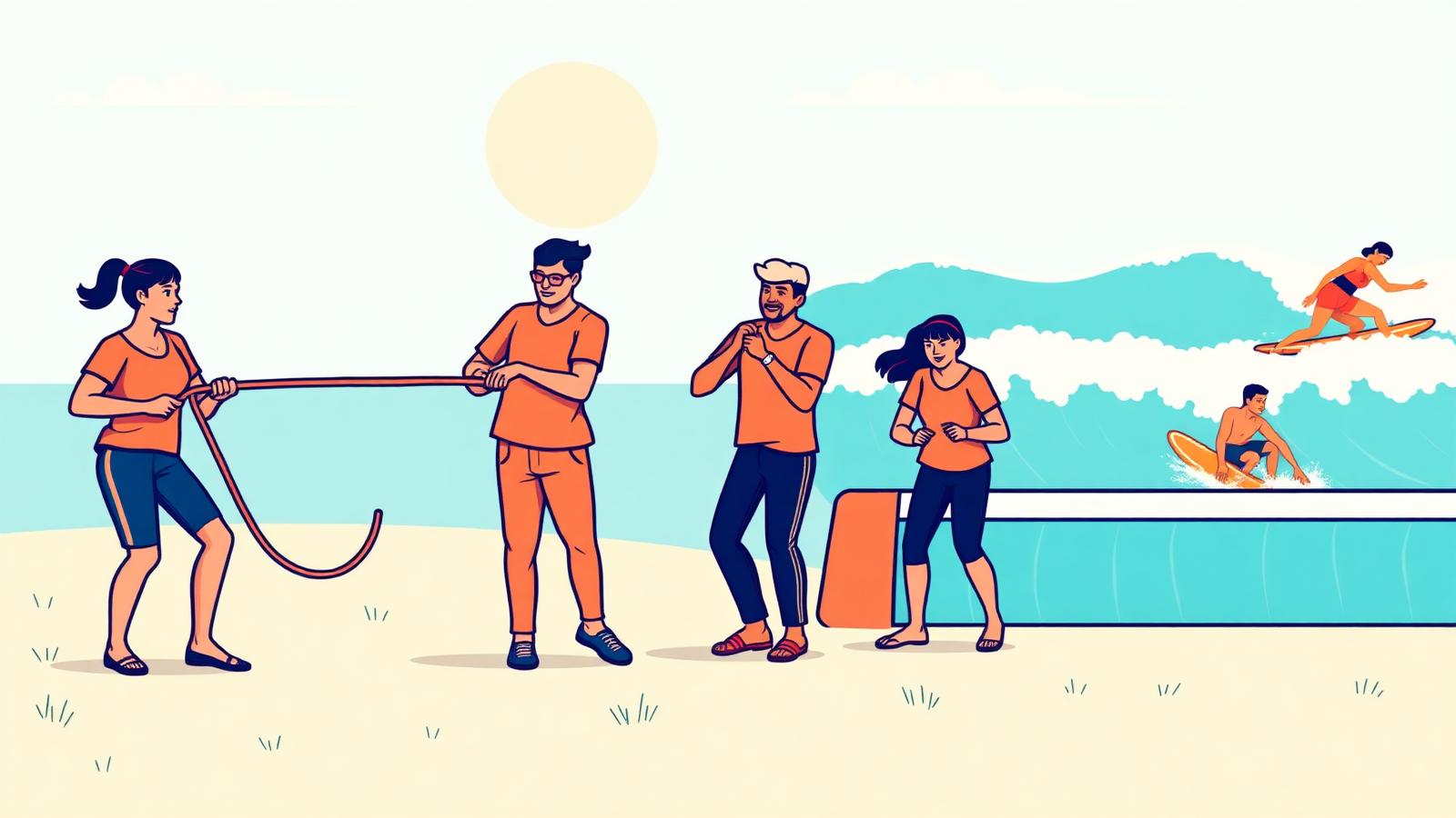 Outdoor team building scene with groups hiking, paddling and surfing in flat vector style