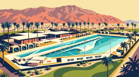 Illustration of Palm Springs Surf Club in Palm Springs, California: the long Surf Loch wave pool with a surfer, cabanas, palm trees and Mount San Jacinto behind