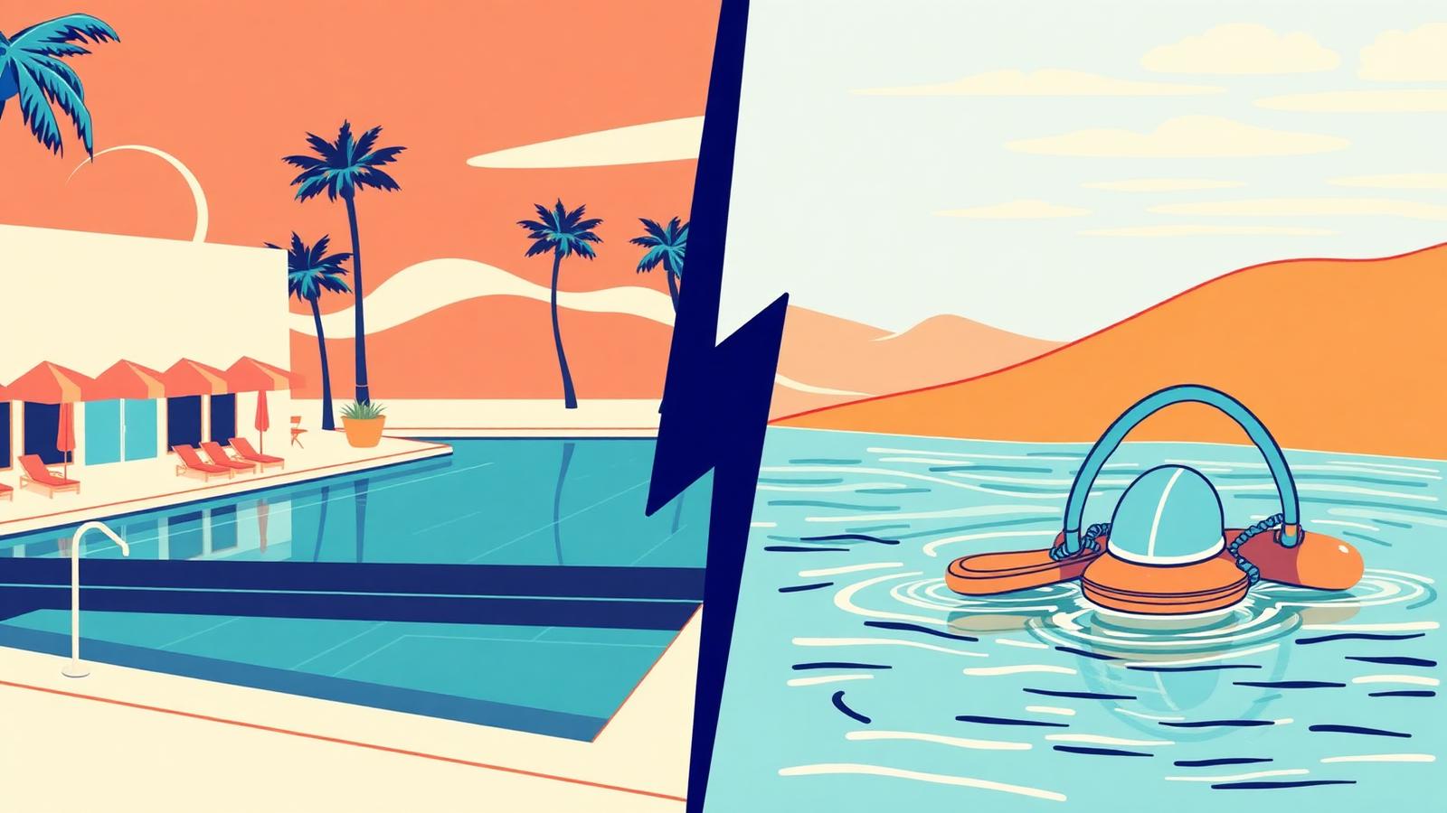 Two wave pools side by side in a versus composition in flat vector style