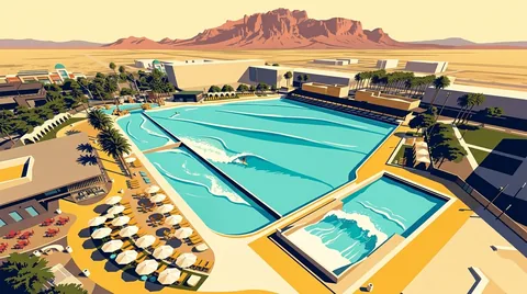 Illustration of Revel Surf in Mesa, Arizona: the main surf lagoon split by a diagonal wall, a beach lined with umbrellas and the separate River Wave, with the Superstition Mountains behind