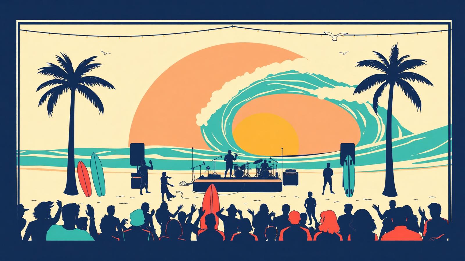Flat vector illustration of a beach music festival at sunset with a stage on the sand, a crowd, surfboards and a peeling teal wave